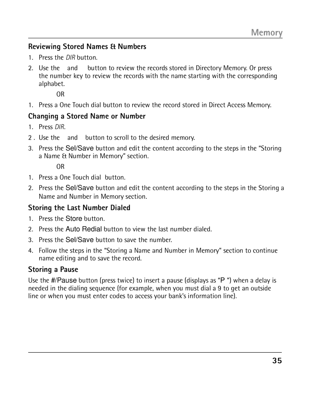 RCA 25205 manual Reviewing Stored Names & Numbers, Changing a Stored Name or Number, Storing the Last Number Dialed 