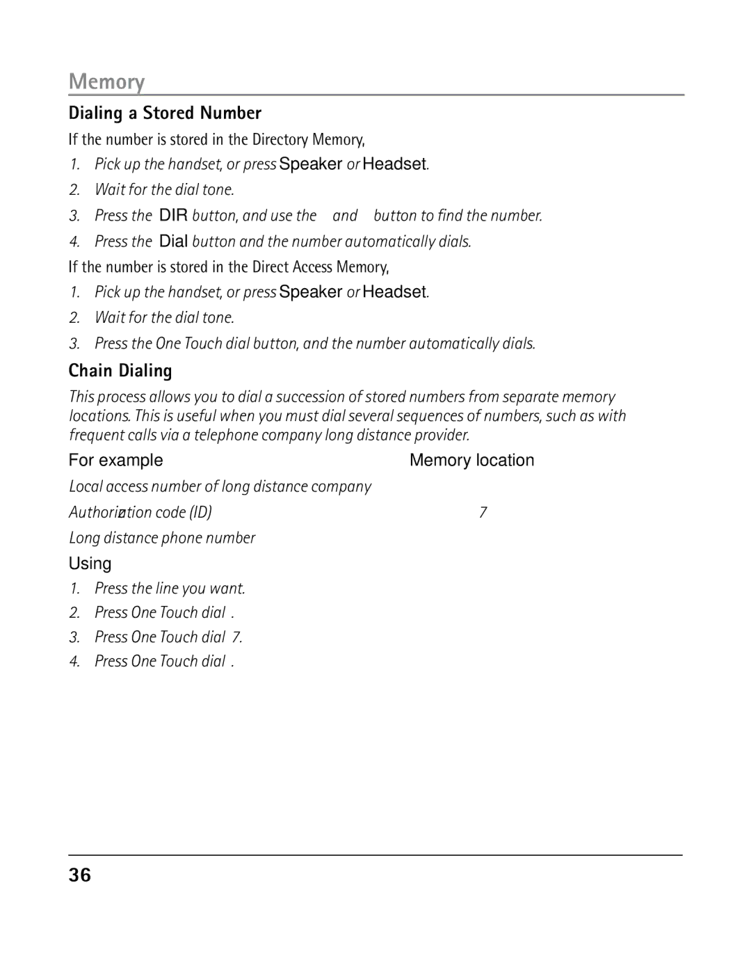 RCA 25205 manual Dialing a Stored Number, Chain Dialing, If the number is stored in the Directory Memory 