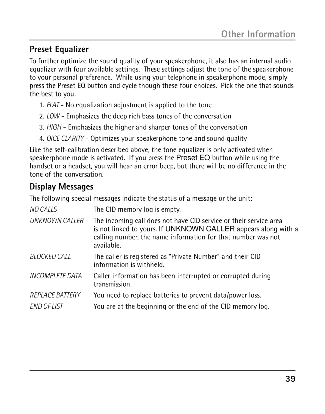 RCA 25205 manual Preset Equalizer, Display Messages, Caller is registered as Private Number and their CID 