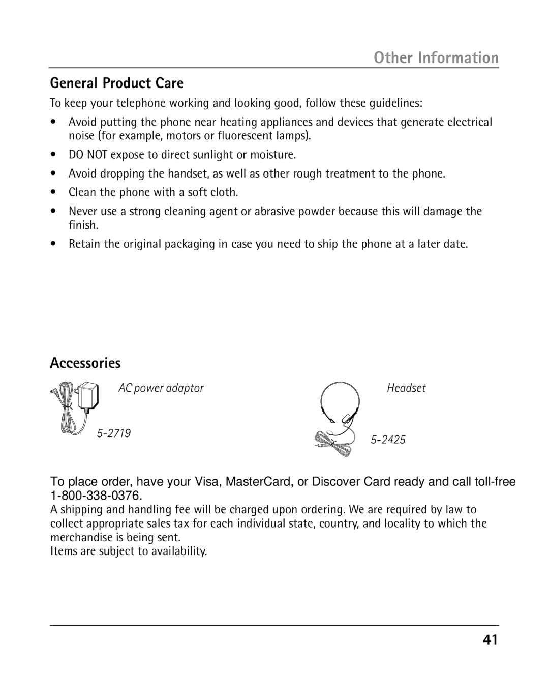 RCA 25205 manual General Product Care, Accessories, AC power adaptor Headset, 2425 