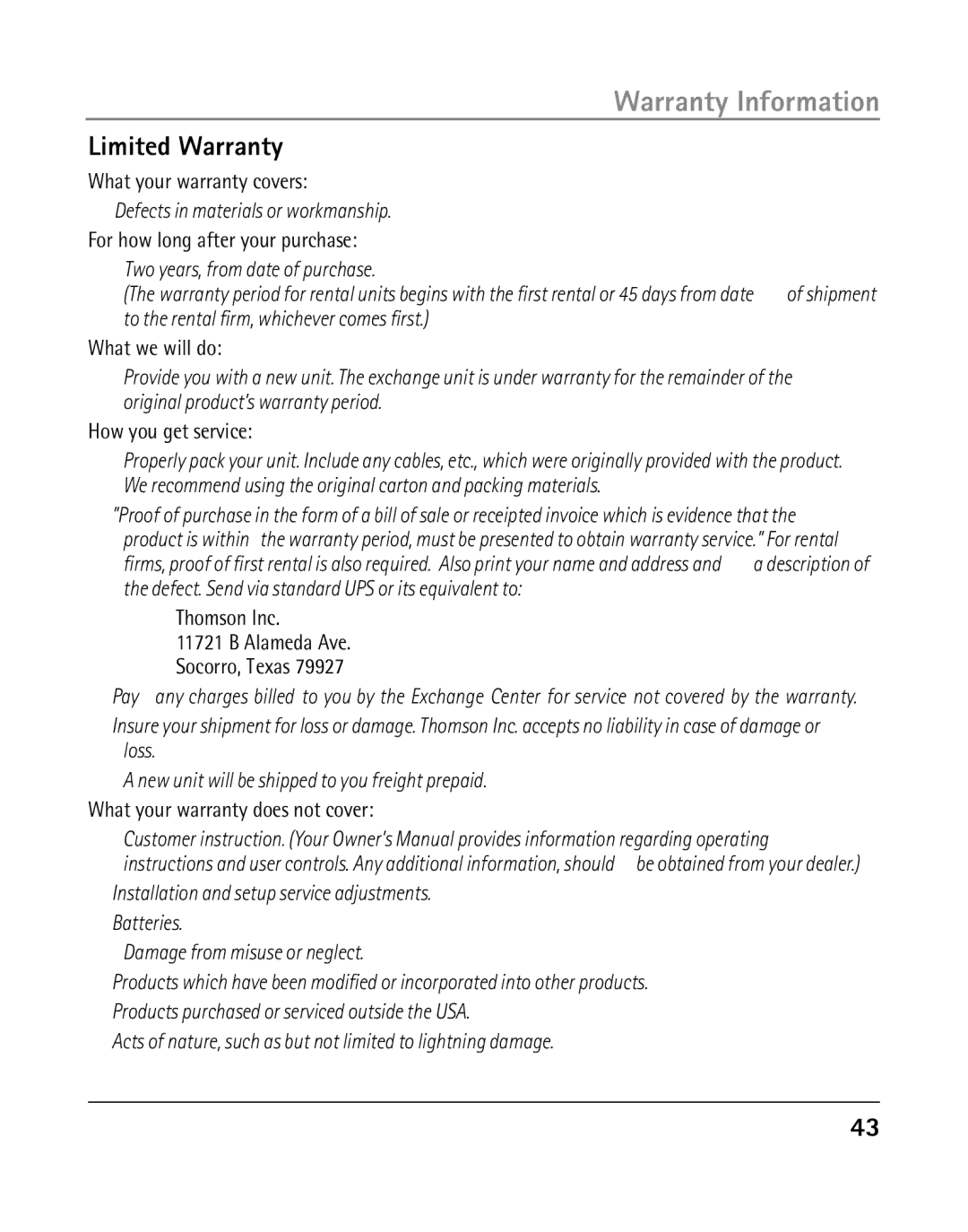 RCA 25205 manual Limited Warranty 