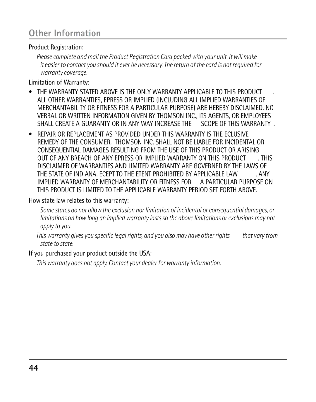 RCA 25205 manual Product Registration, Limitation of Warranty, How state law relates to this warranty 