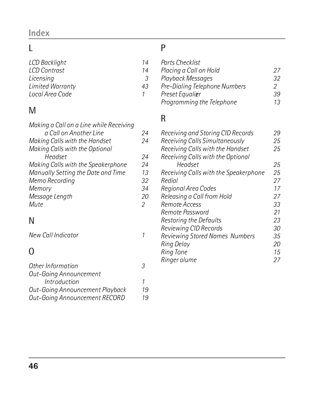 RCA 25205 manual Index 