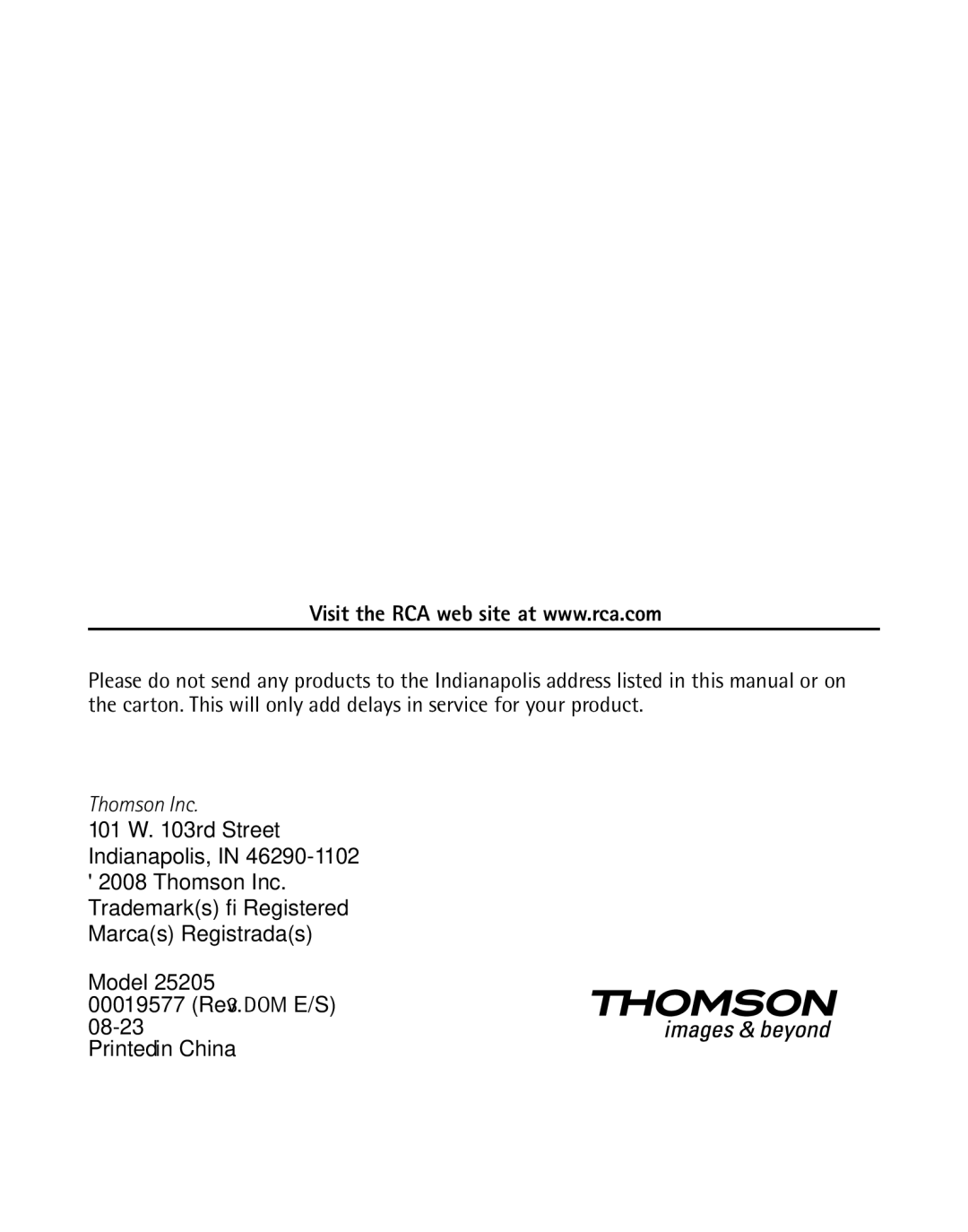 RCA 25205 manual Thomson Inc 