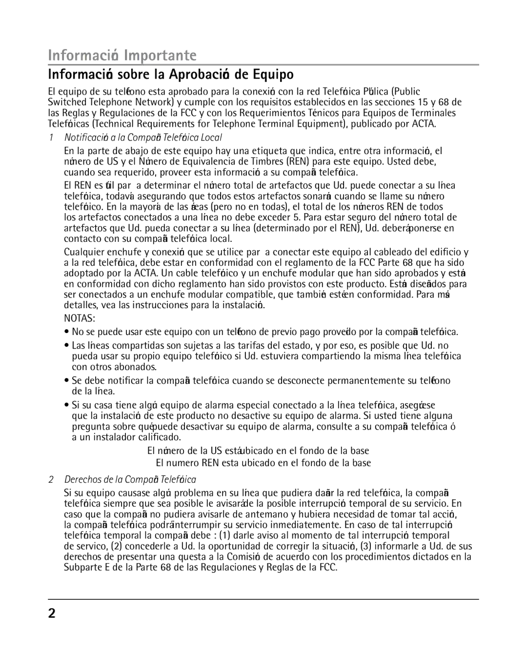 RCA 25205 Información Importante, Información sobre la Aprobación de Equipo, Notificación a la Compañía Telefónica Local 