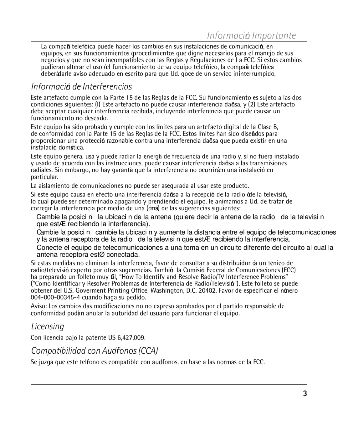 RCA 25205 manual Información de Interferencias, Compatibilidad con Audífonos CCA, Con licencia bajo la patente US 6,427,009 