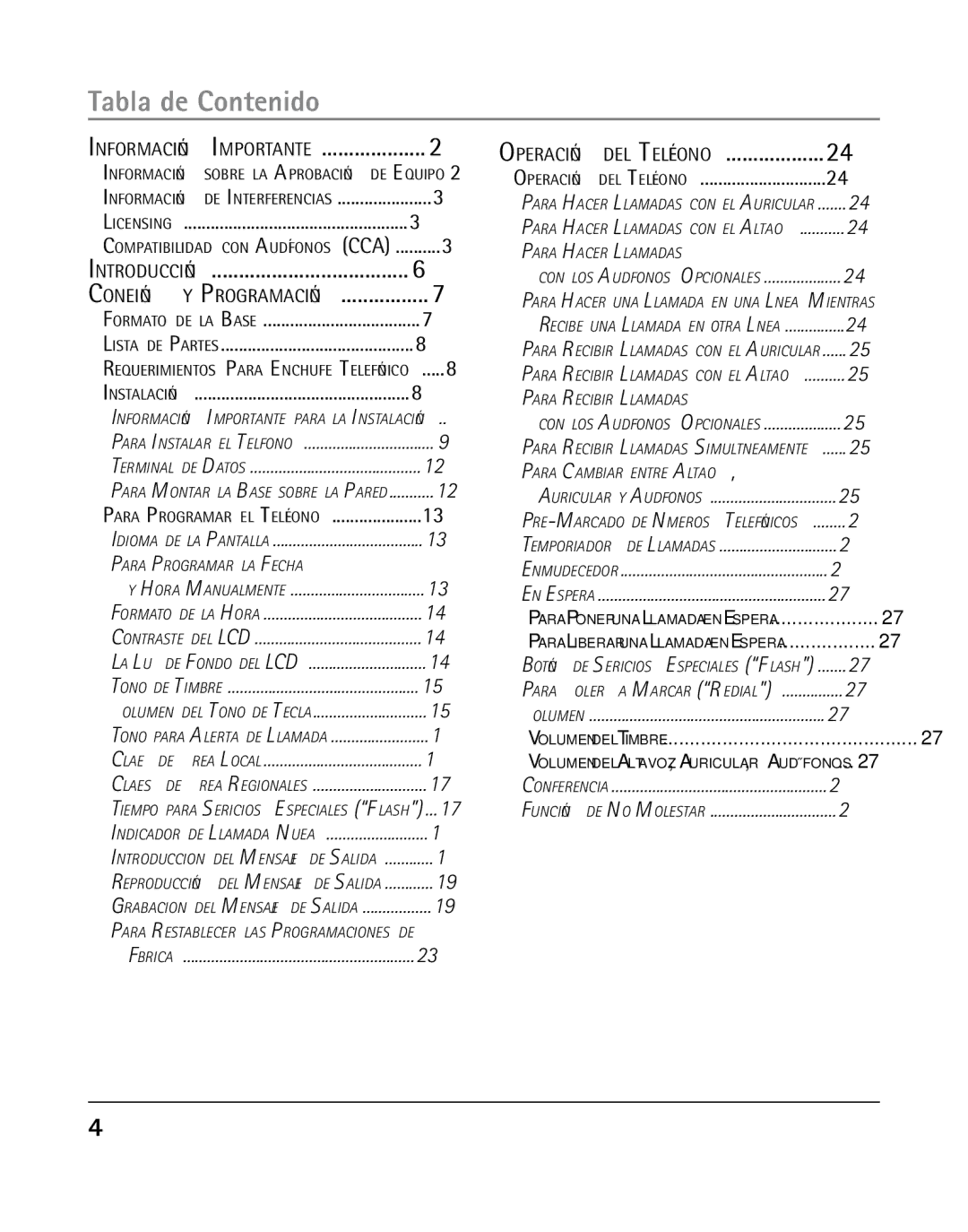 RCA 25205 manual Tabla de Contenido, Introducción, Formato de la Base, Para Programar el Teléfono, Operación del Teléfono 