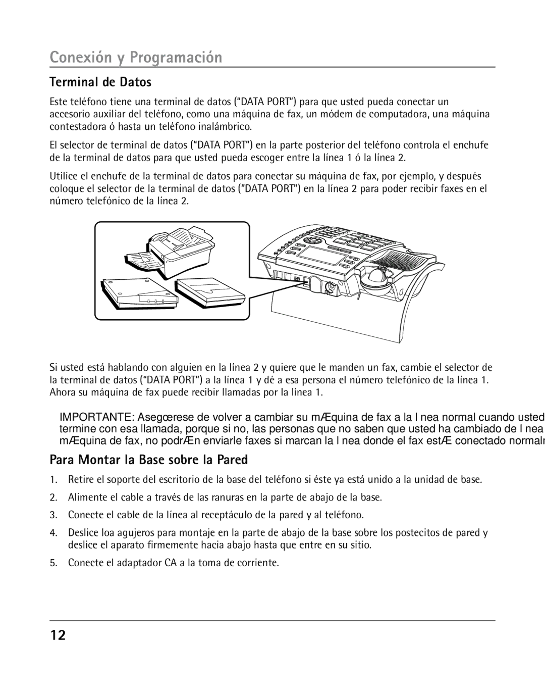 RCA 25205 manual Terminal de Datos, Para Montar la Base sobre la Pared, Conecte el adaptador CA a la toma de corriente 