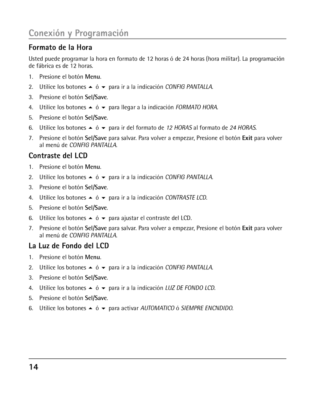 RCA 25205 manual Formato de la Hora, Contraste del LCD, La Luz de Fondo del LCD 