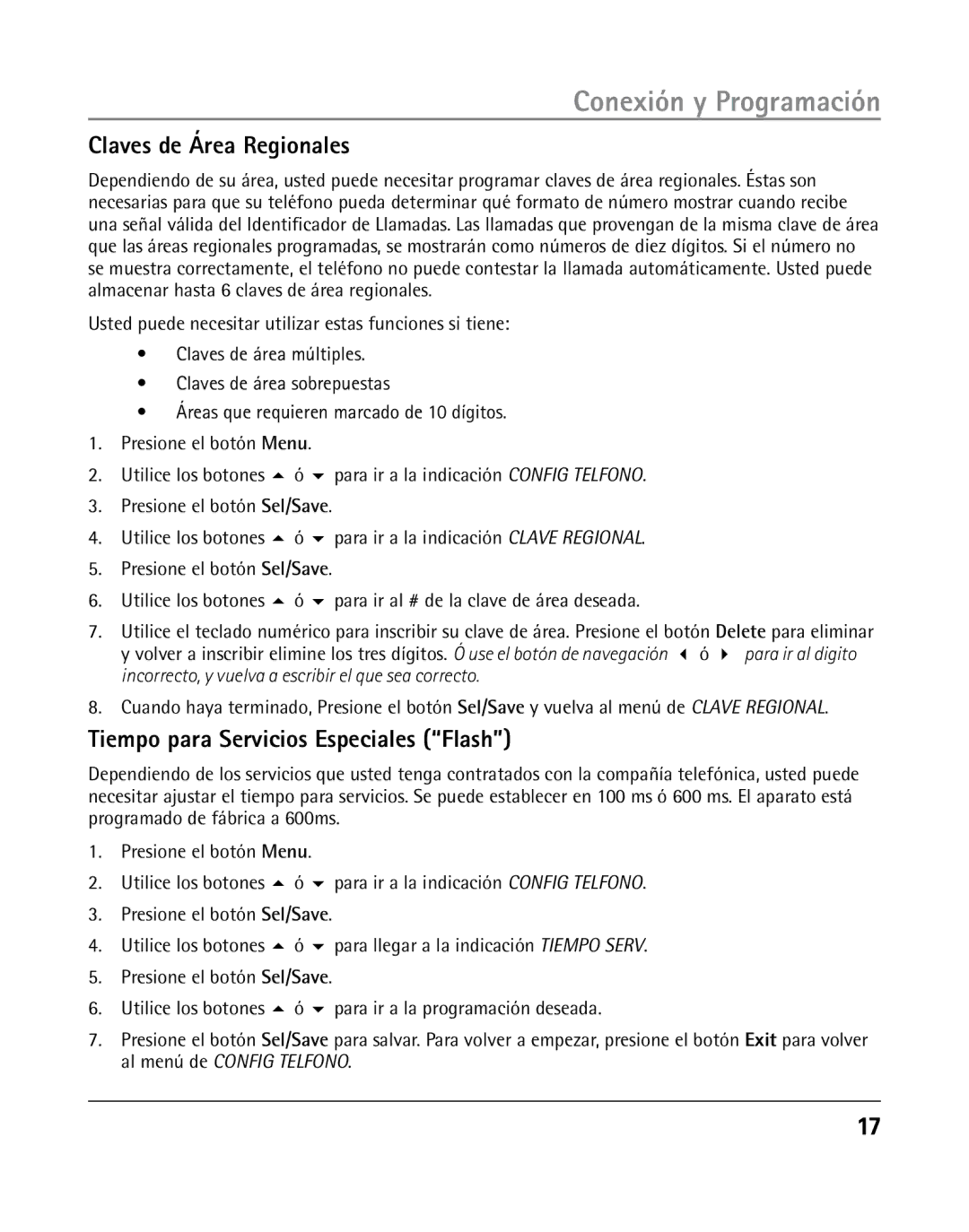 RCA 25205 manual Claves de Área Regionales, Tiempo para Servicios Especiales Flash 