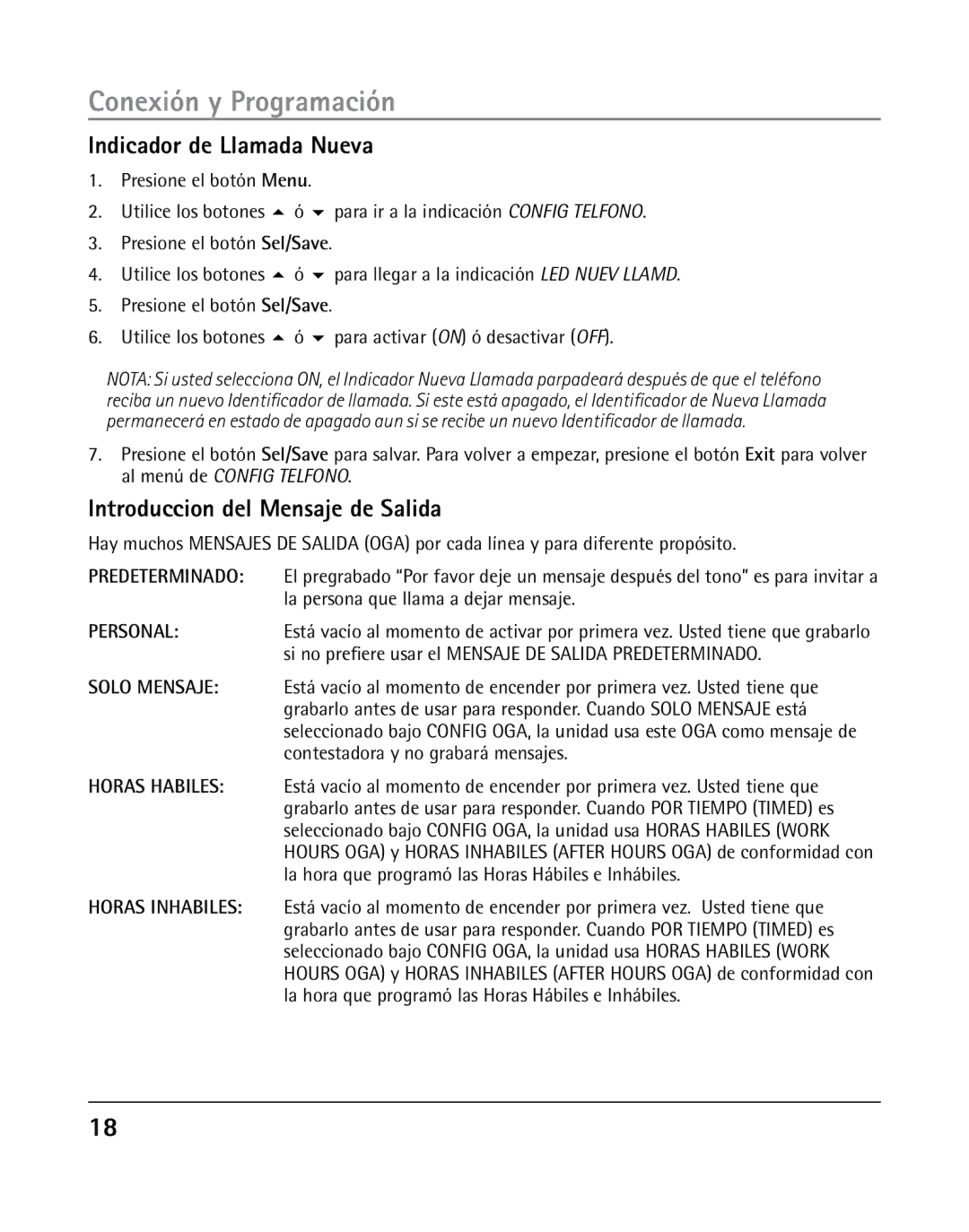 RCA 25205 manual Indicador de Llamada Nueva, Introduccion del Mensaje de Salida 