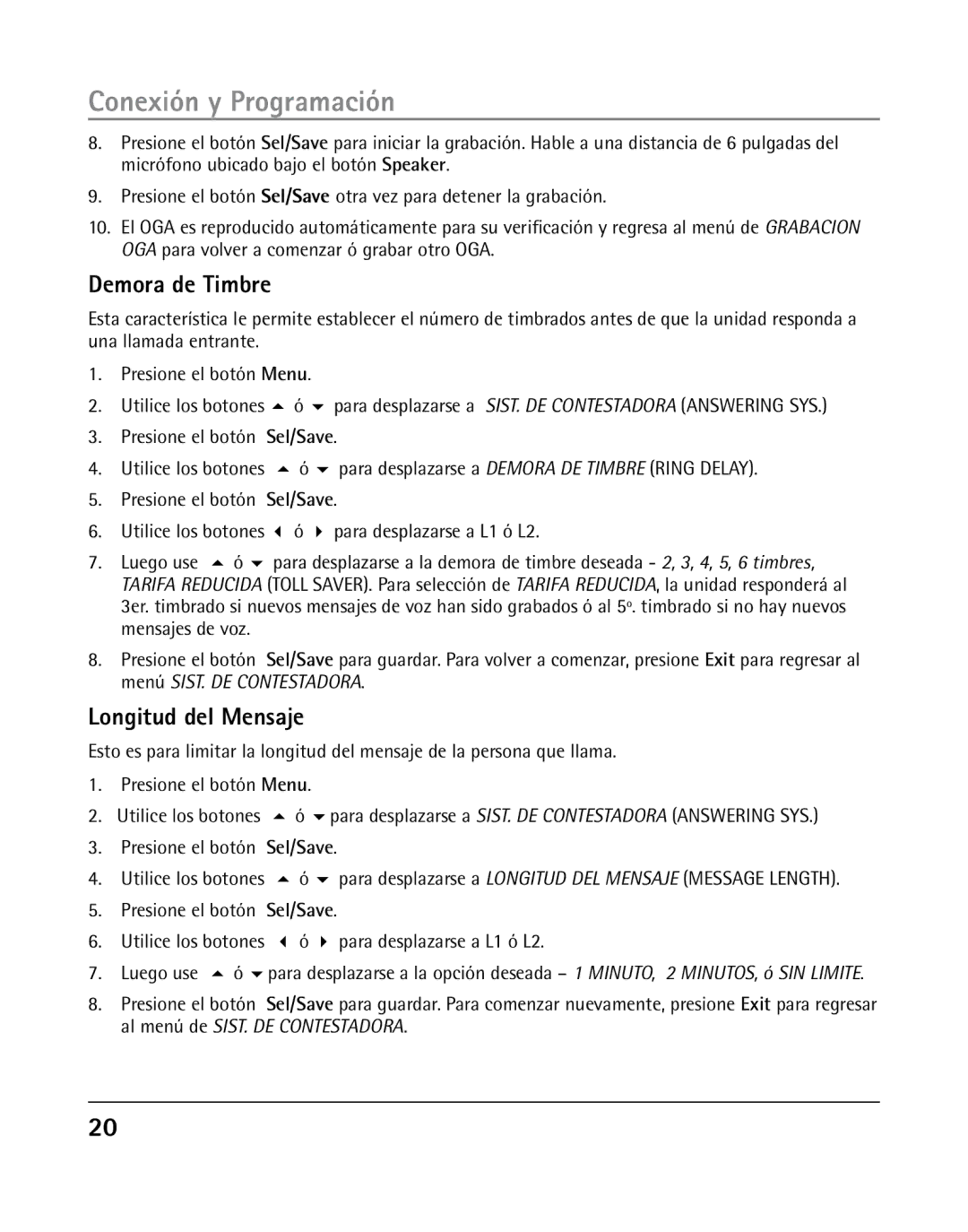 RCA 25205 manual Demora de Timbre, Longitud del Mensaje 