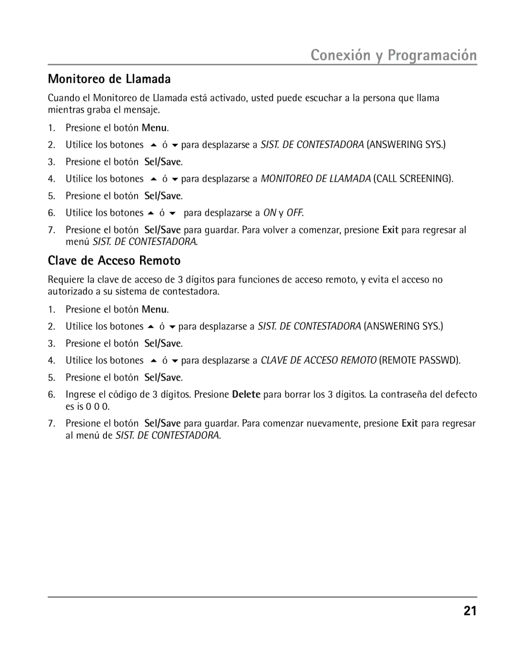 RCA 25205 manual Monitoreo de Llamada, Clave de Acceso Remoto 