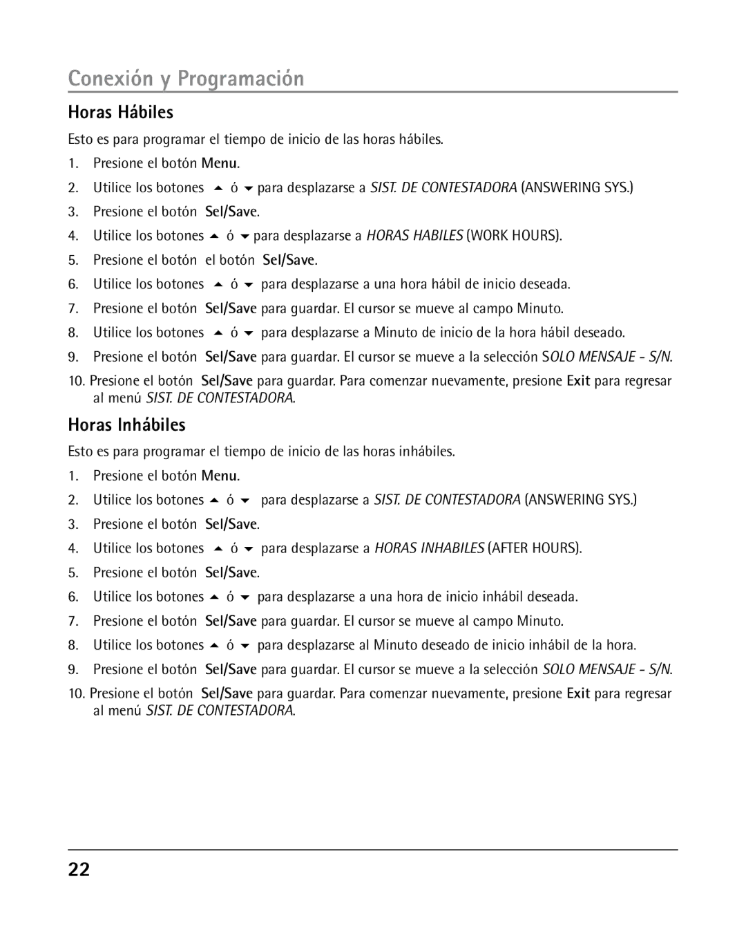 RCA 25205 manual Horas Hábiles, Horas Inhábiles 