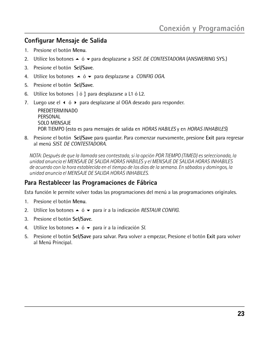 RCA 25205 manual Configurar Mensaje de Salida, Para Restablecer las Programaciones de Fábrica 