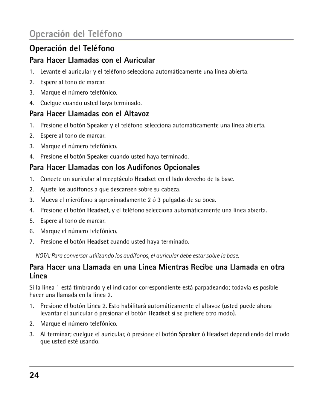 RCA 25205 manual Operación del Teléfono, Para Hacer Llamadas con el Auricular, Para Hacer Llamadas con el Altavoz 