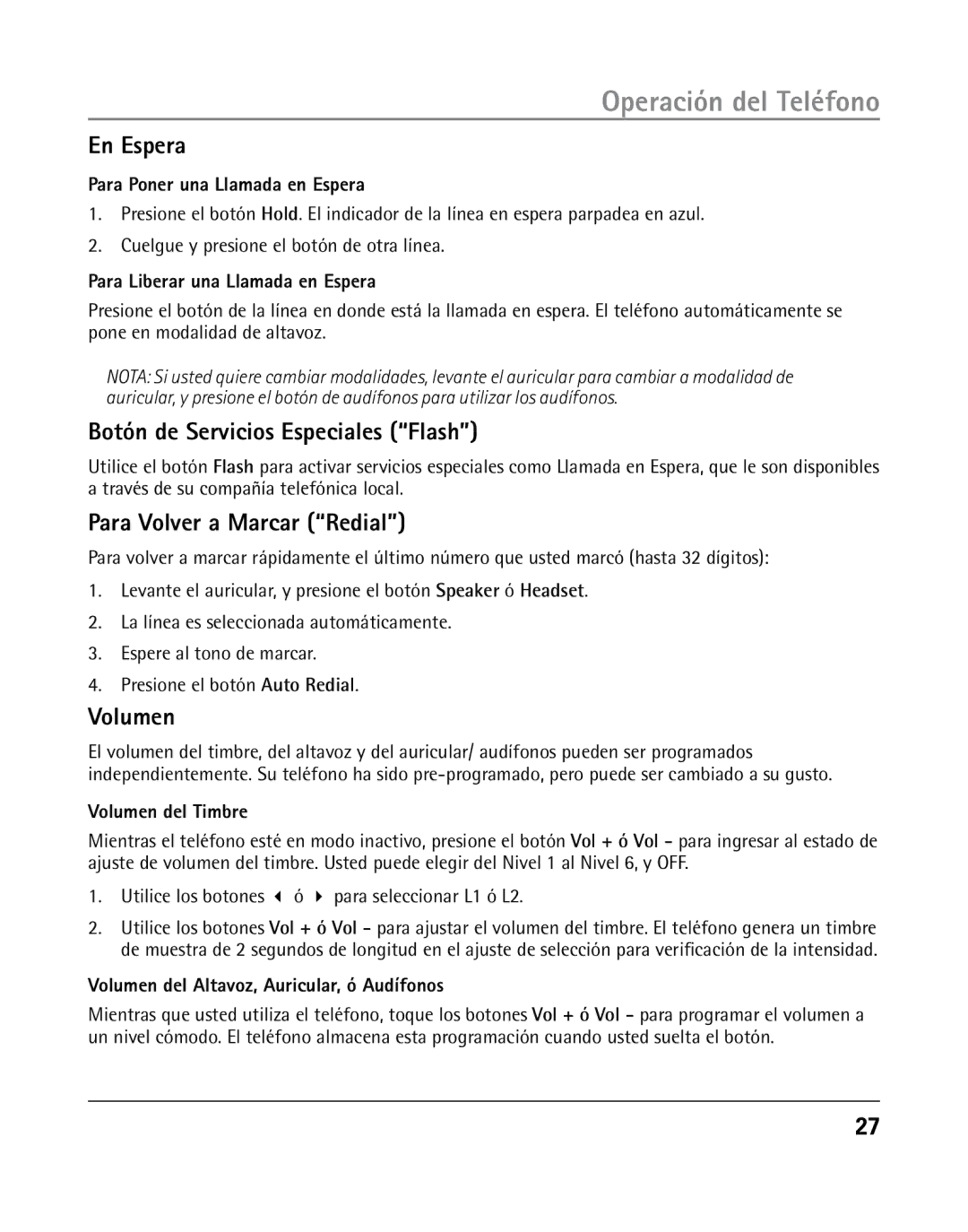 RCA 25205 manual En Espera, Botón de Servicios Especiales Flash, Para Volver a Marcar Redial, Volumen 