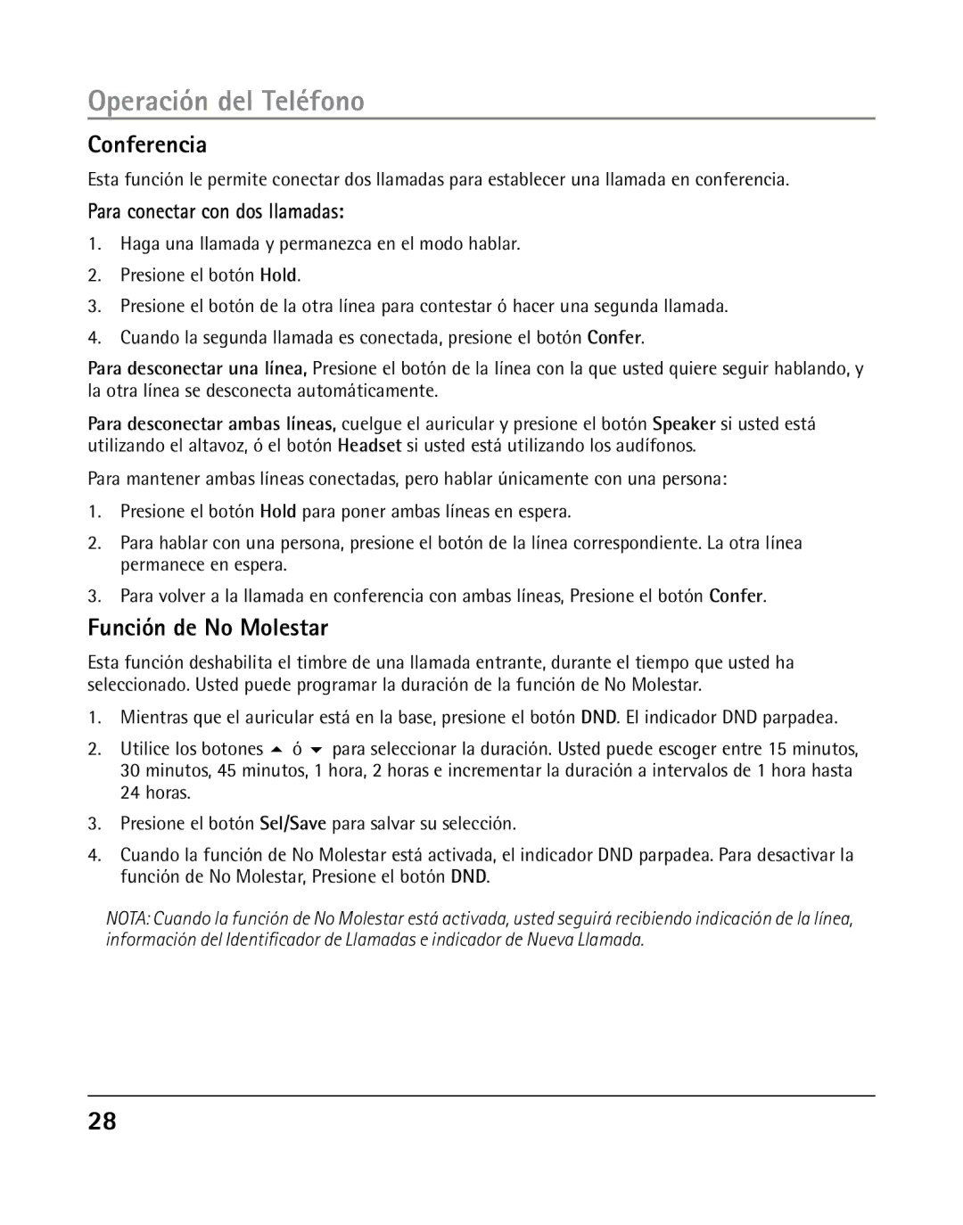 RCA 25205 manual Conferencia, Función de No Molestar, Para conectar con dos llamadas 