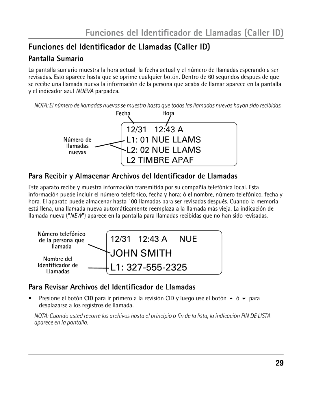 RCA 25205 manual Funciones del Identificador de Llamadas Caller ID, Pantalla Sumario 