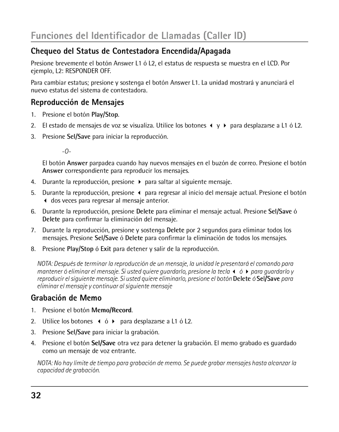 RCA 25205 manual Chequeo del Status de Contestadora Encendida/Apagada, Reproducción de Mensajes, Grabación de Memo 