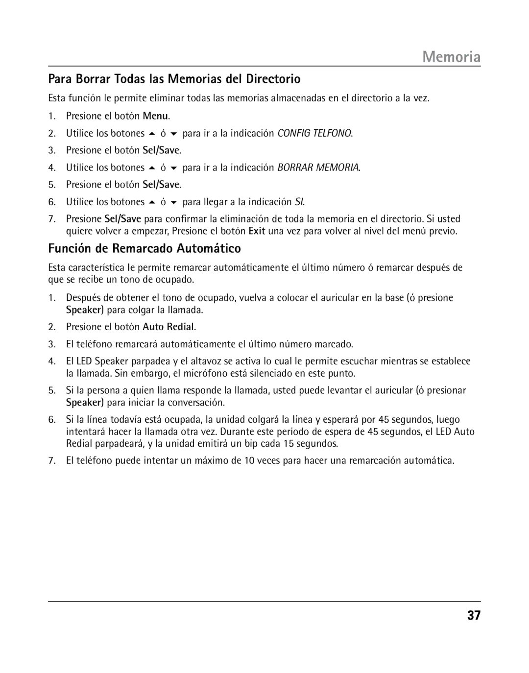 RCA 25205 manual Para Borrar Todas las Memorias del Directorio, Función de Remarcado Automático 