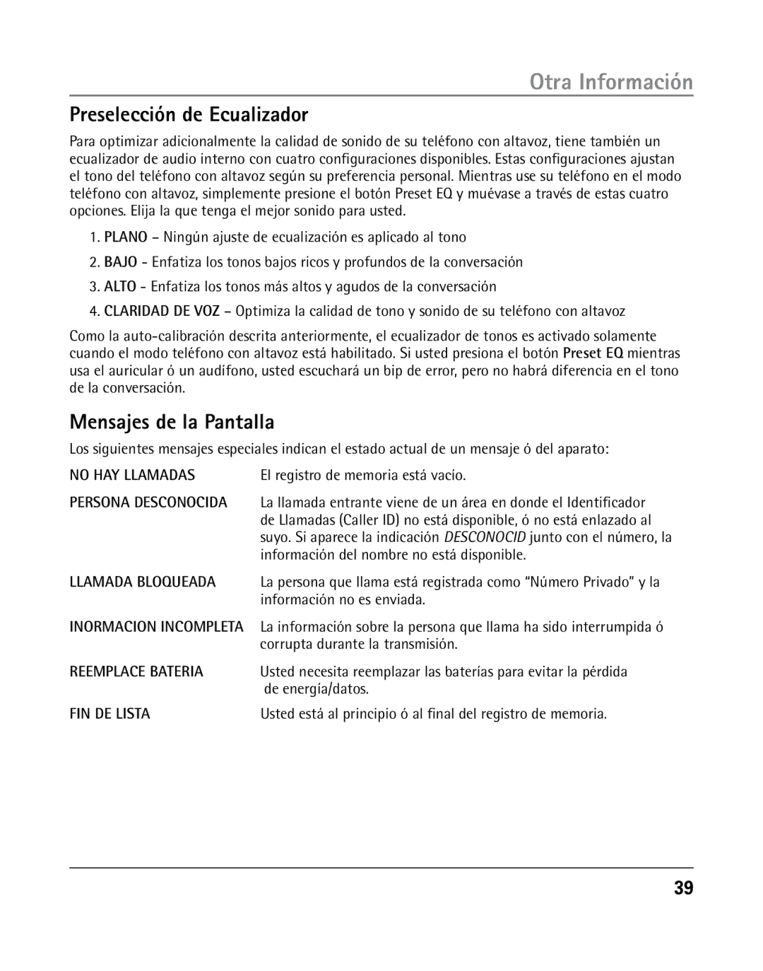 RCA 25205 manual Preselección de Ecualizador, Mensajes de la Pantalla 