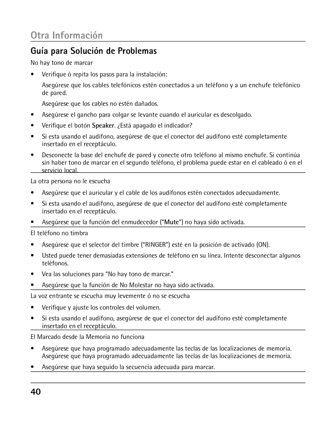 RCA 25205 manual Guía para Solución de Problemas, Asegúrese que haya seguido la secuencia adecuada para marcar 