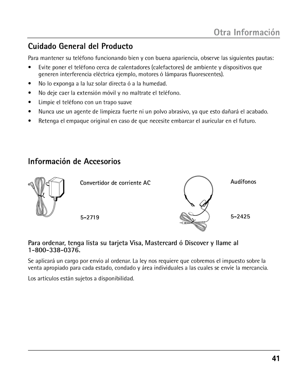 RCA 25205 manual Cuidado General del Producto, Información de Accesorios, Los artículos están sujetos a disponibilidad 