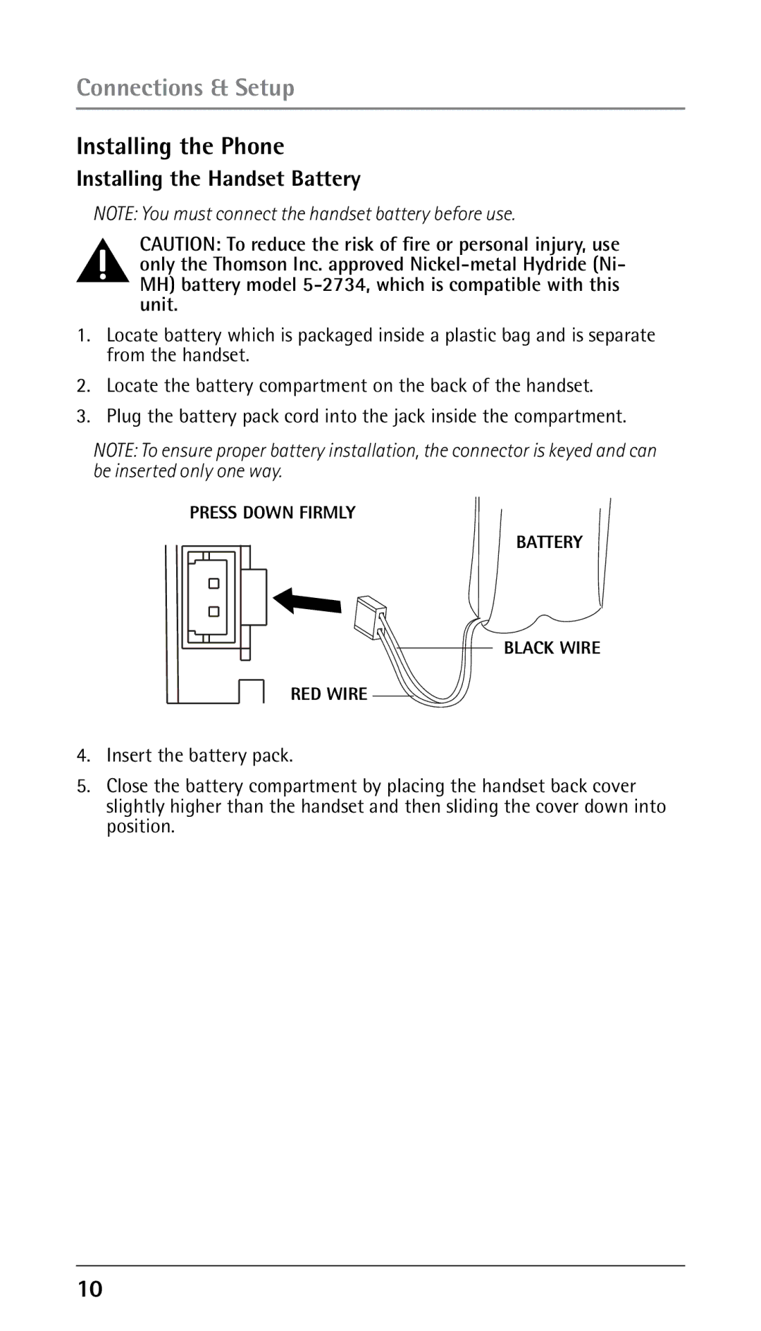 RCA 25210 manual Installing the Phone, Installing the Handset Battery 