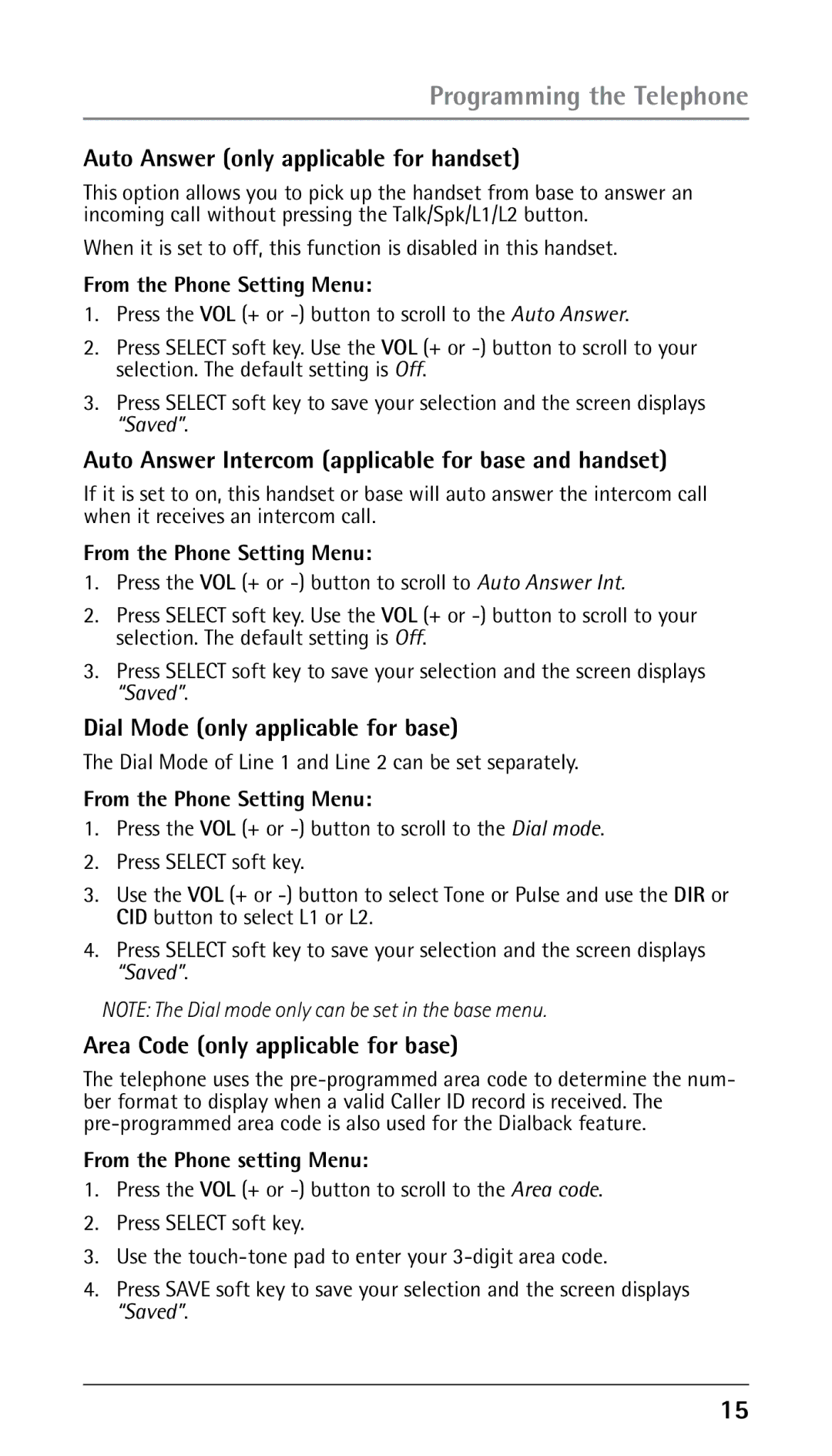 RCA 25210 manual Auto Answer only applicable for handset, Auto Answer Intercom applicable for base and handset 