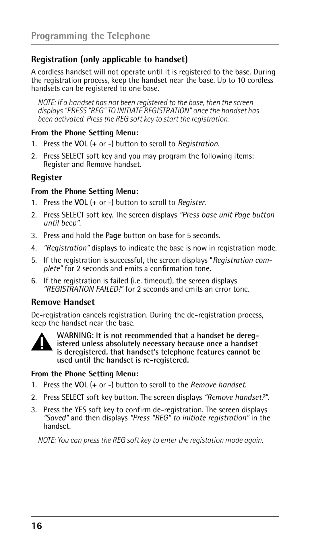 RCA 25210 manual Registration only applicable to handset, Register, Remove Handset 