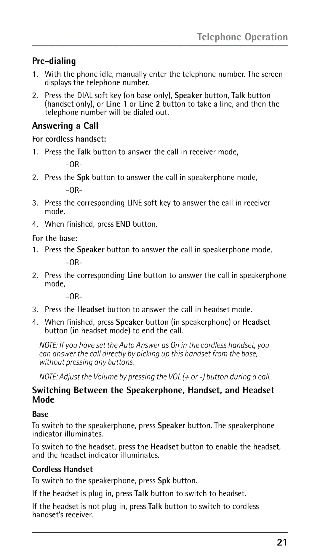 RCA 25210 manual Pre-dialing, Answering a Call 