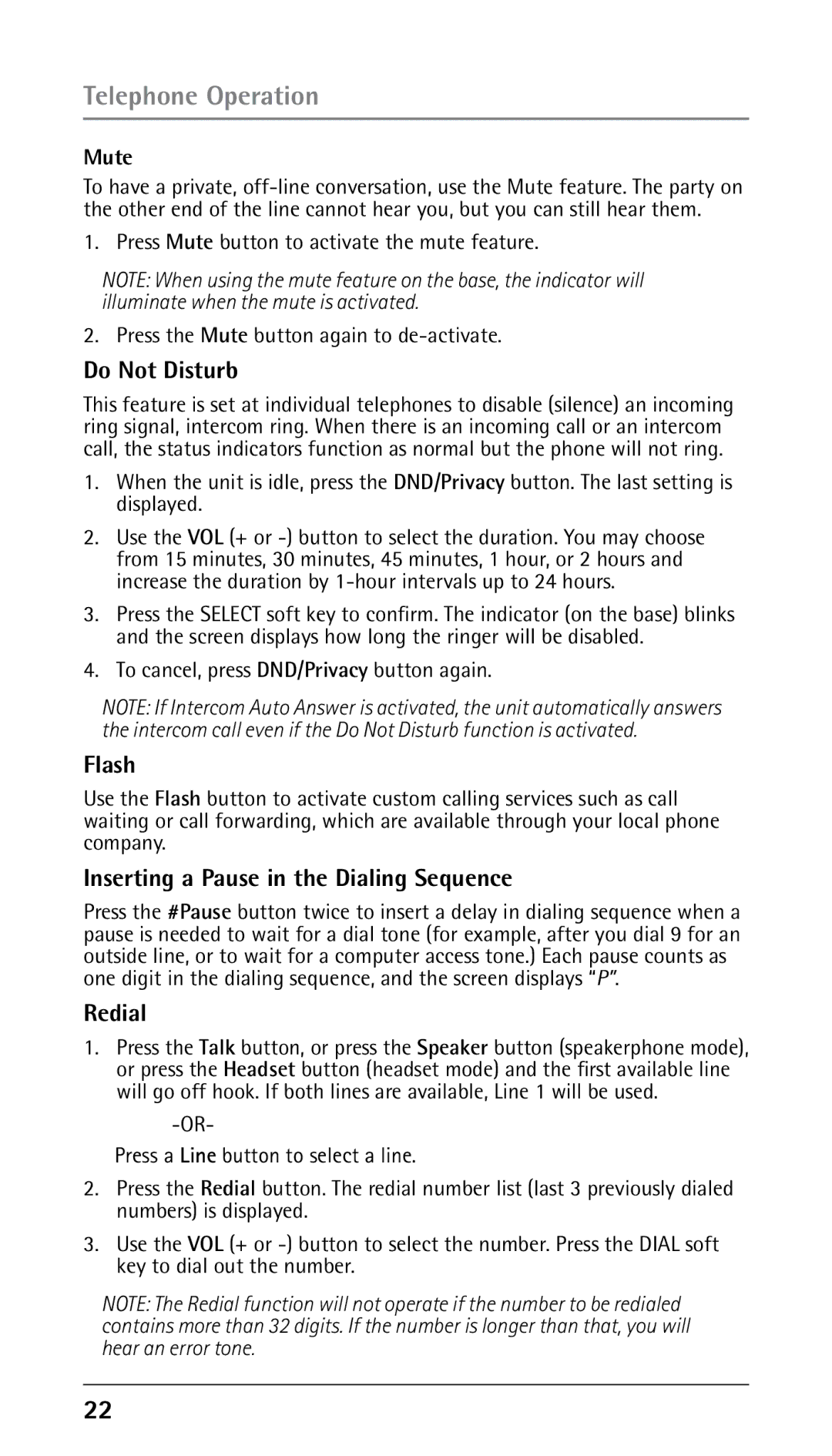 RCA 25210 manual Do Not Disturb, Flash, Inserting a Pause in the Dialing Sequence, Redial, Mute 