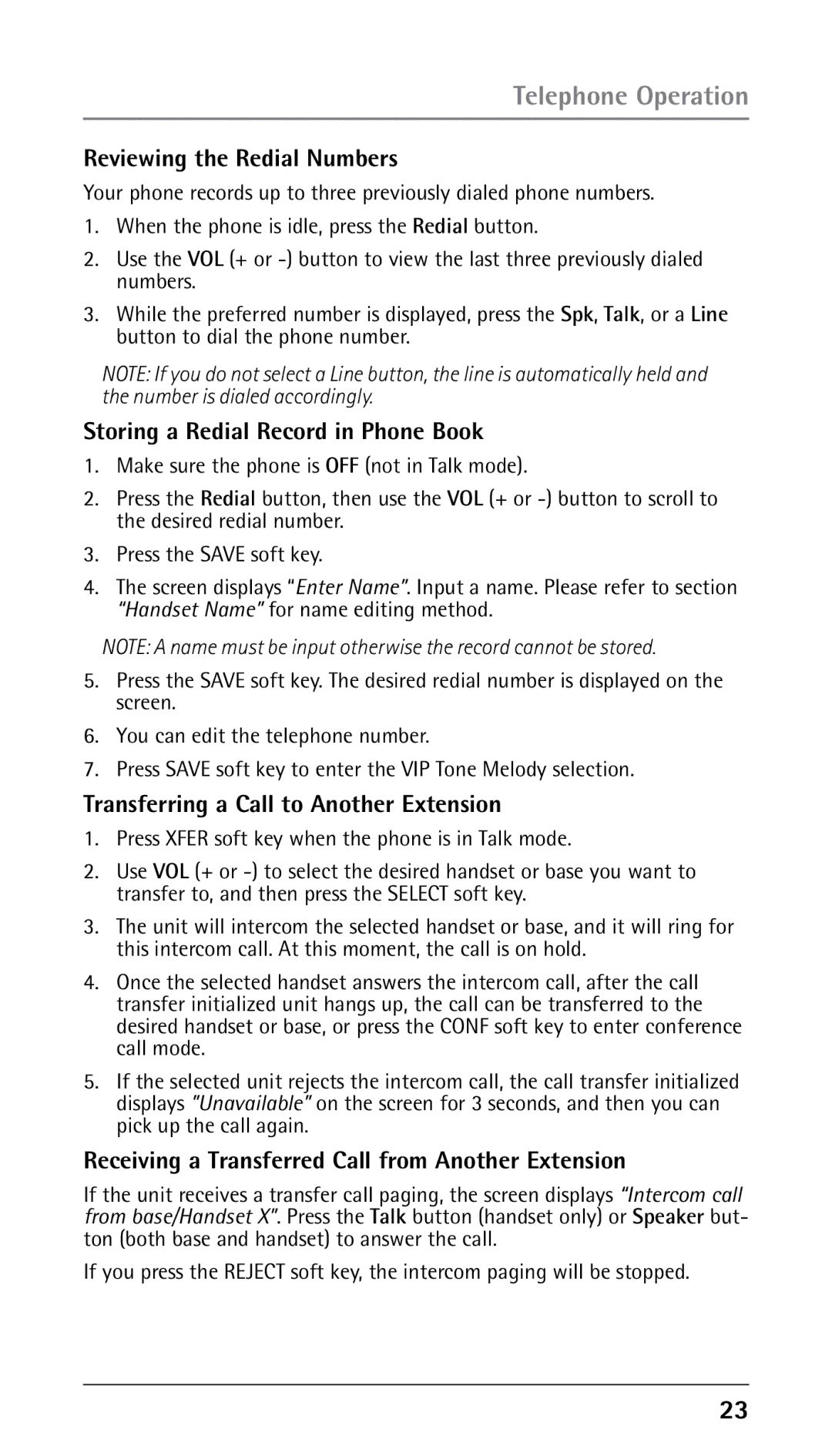 RCA 25210 Reviewing the Redial Numbers, Storing a Redial Record in Phone Book, Transferring a Call to Another Extension 