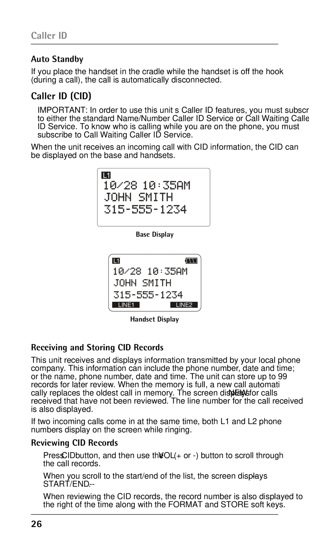 RCA 25210 manual Caller ID CID, Auto Standby, Receiving and Storing CID Records, Reviewing CID Records 