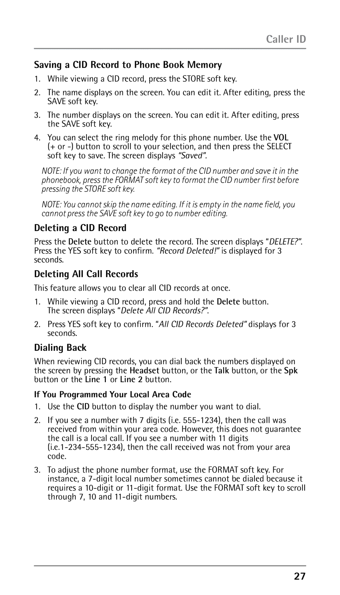 RCA 25210 manual Saving a CID Record to Phone Book Memory, Deleting a CID Record, Deleting All Call Records, Dialing Back 