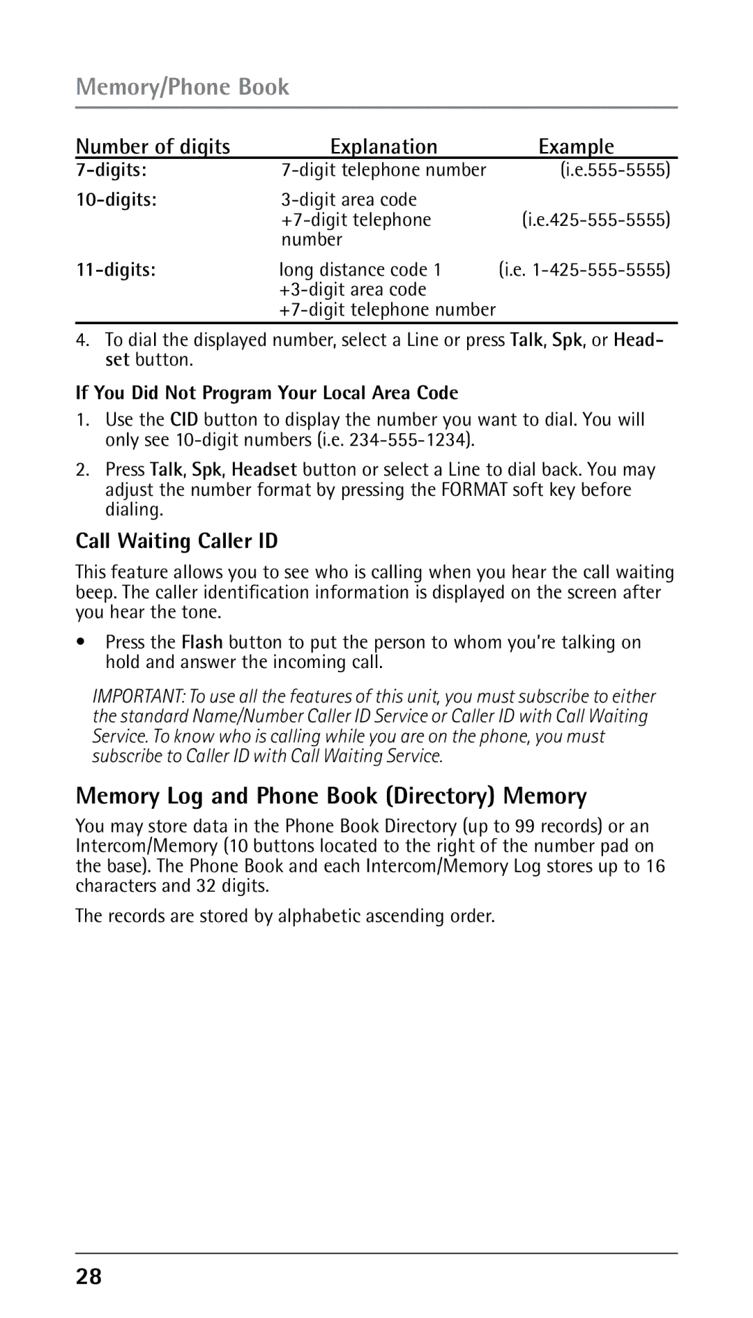 RCA 25210 manual Memory/Phone Book, Memory Log and Phone Book Directory Memory, Number of digits Explanation Example 