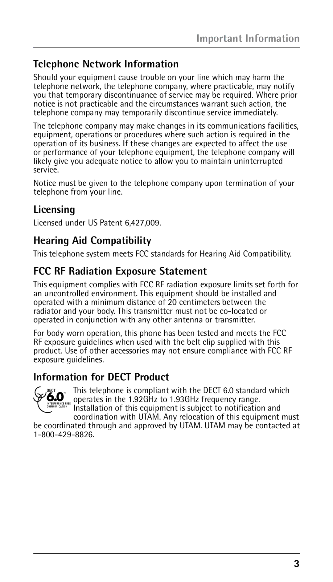 RCA 25210 manual Telephone Network Information, Licensing, Hearing Aid Compatibility, FCC RF Radiation Exposure Statement 