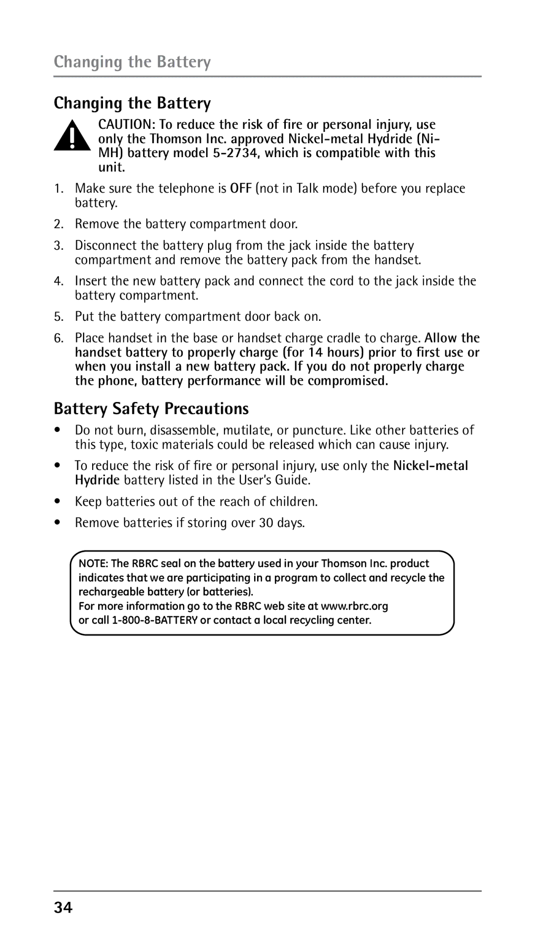 RCA 25210 manual Changing the Battery, Battery Safety Precautions 