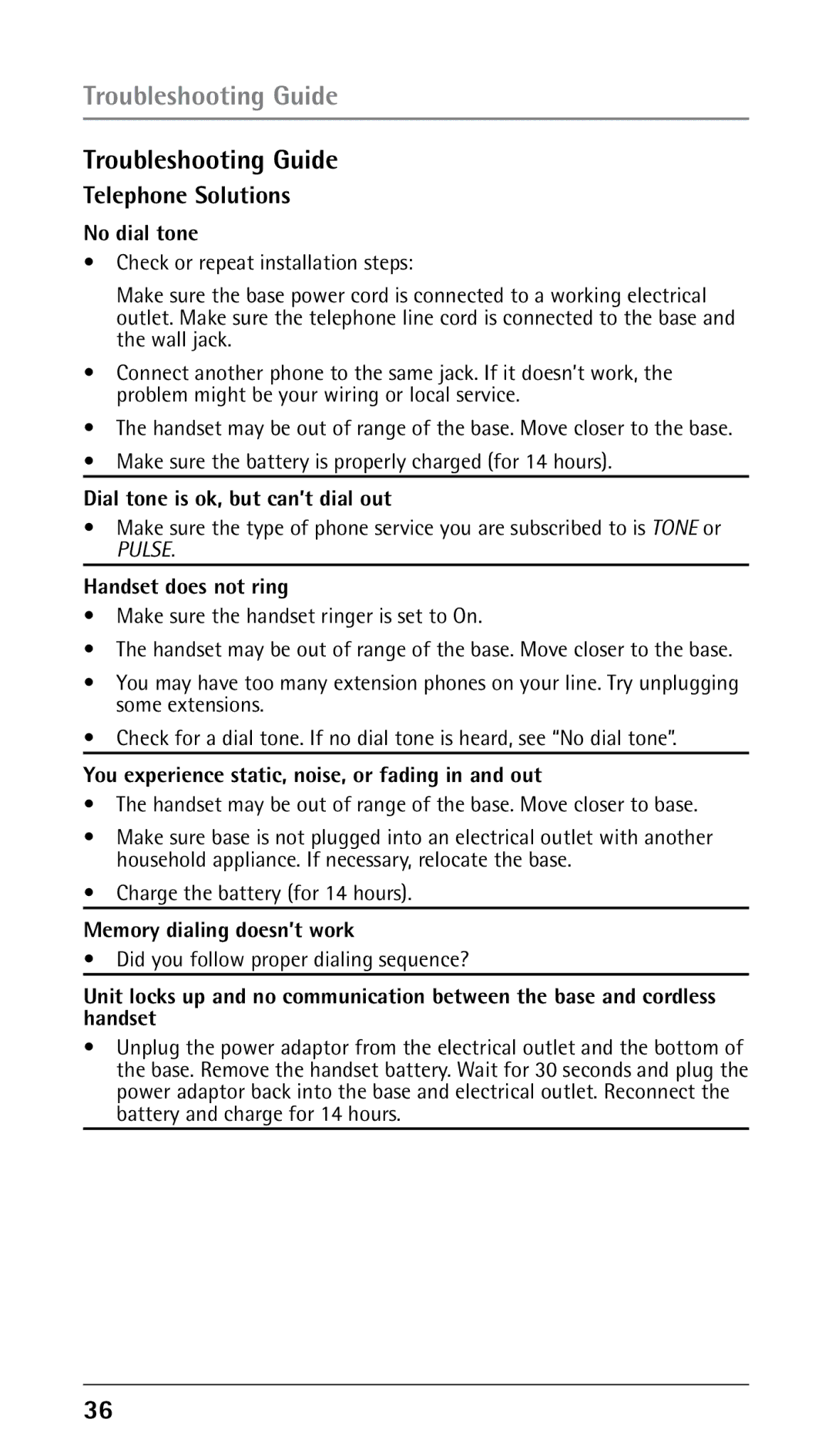 RCA 25210 manual Troubleshooting Guide, Telephone Solutions 