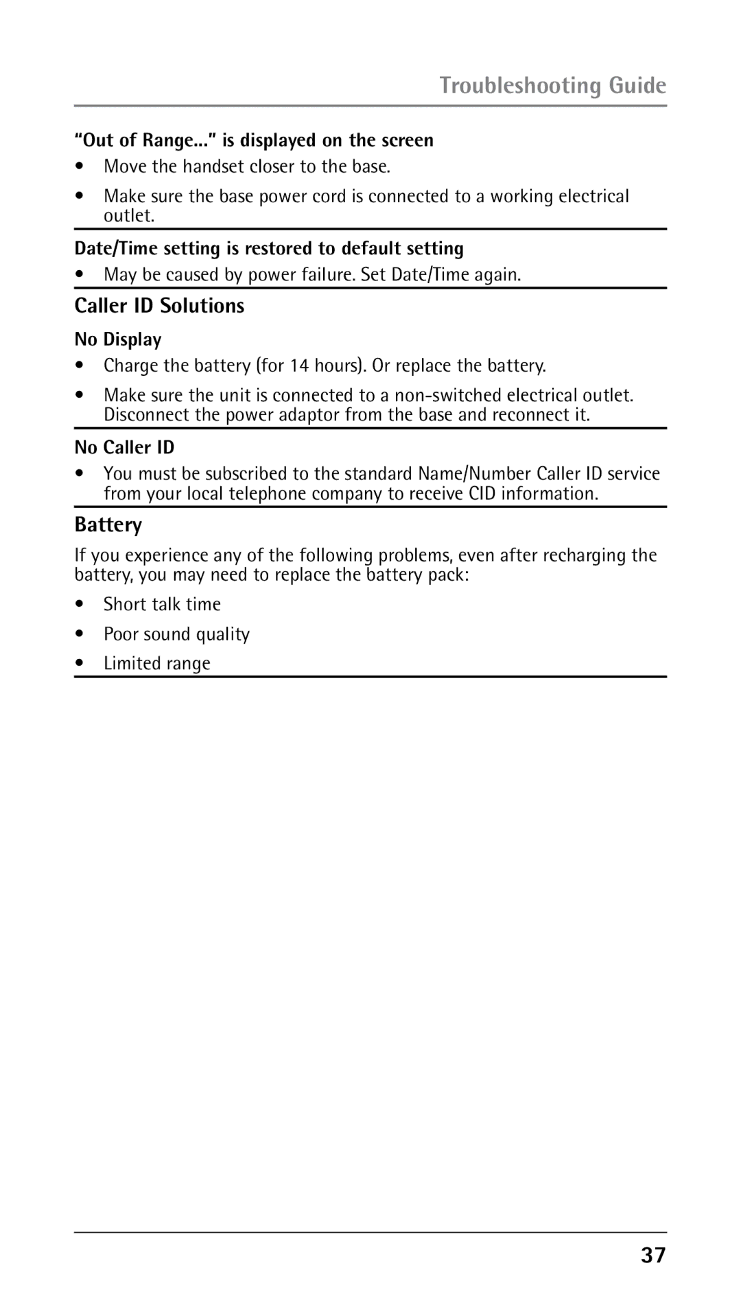 RCA 25210 manual Caller ID Solutions, Battery 