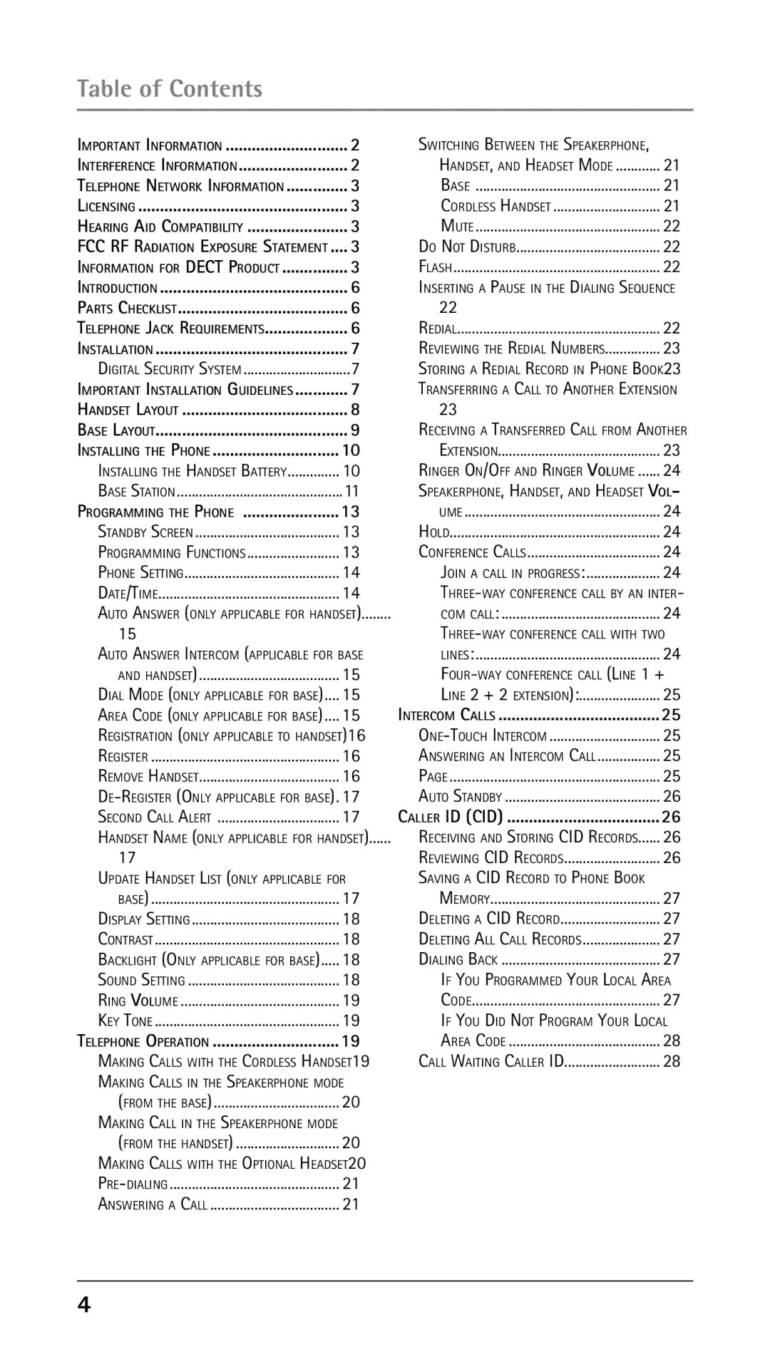 RCA 25210 manual Table of Contents 