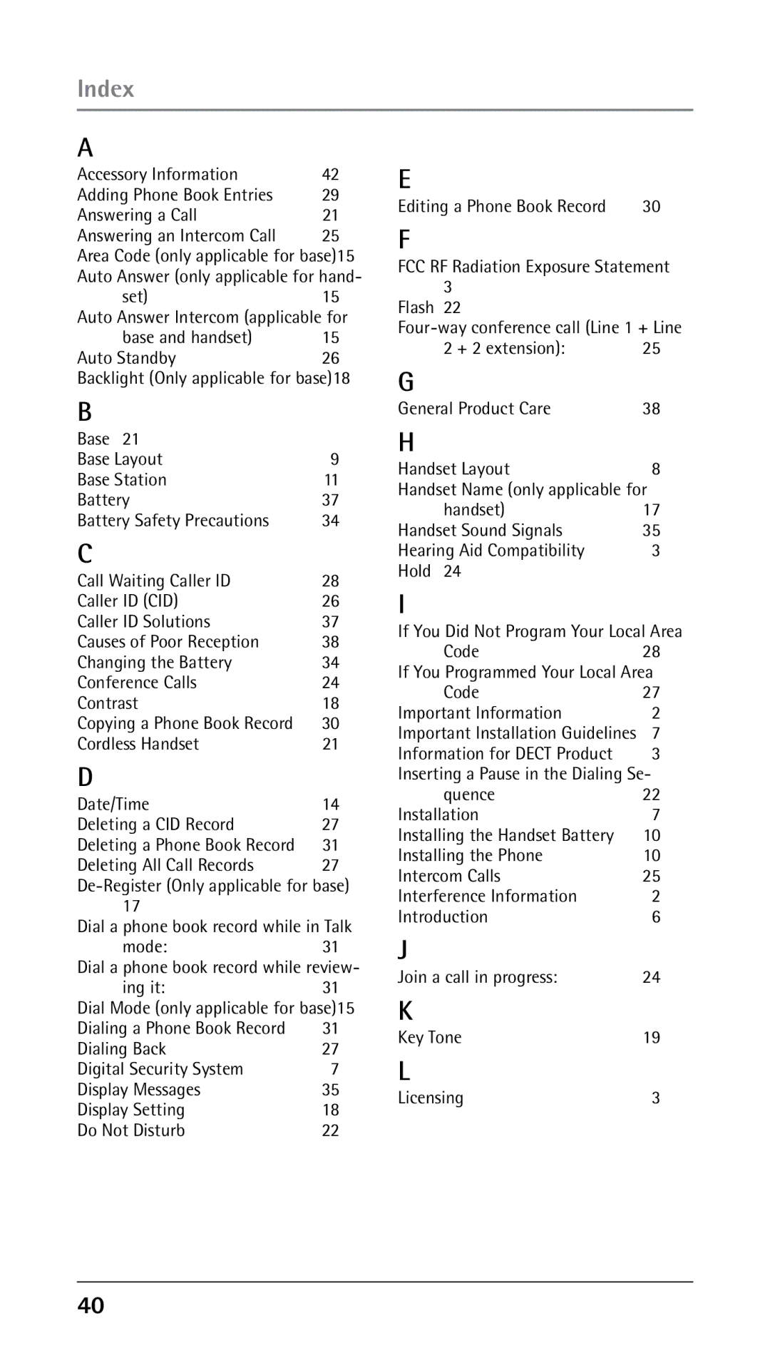 RCA 25210 manual Index 