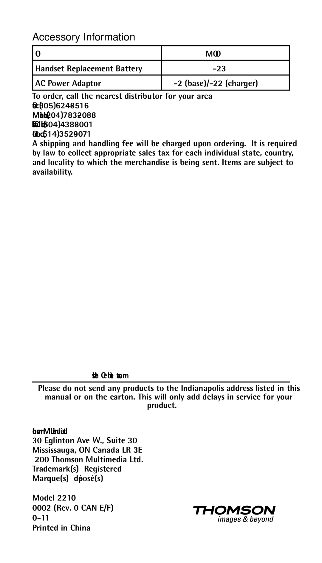 RCA 25210 manual Accessory Information, Handset Replacement Battery 2734 AC Power Adaptor 