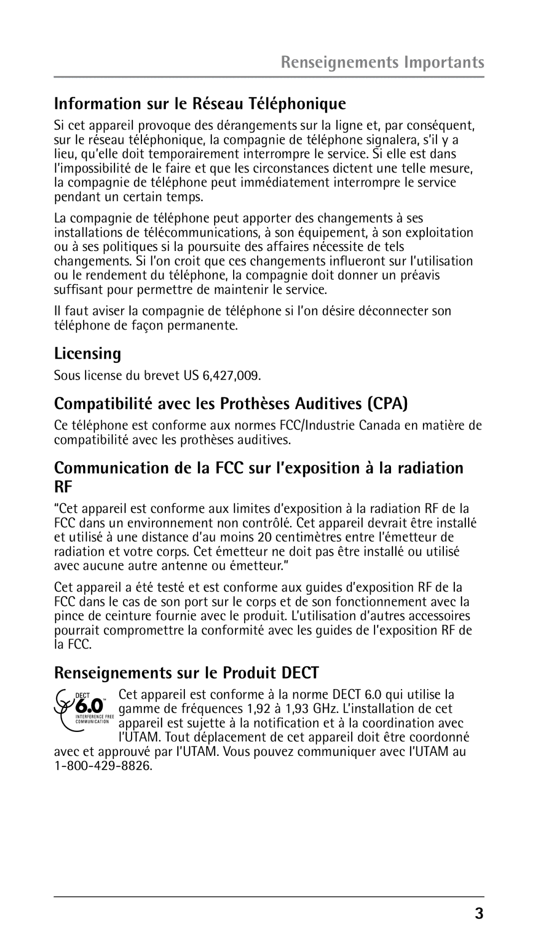 RCA 25210 manual Information sur le Réseau Téléphonique, Compatibilité avec les Prothèses Auditives CPA 