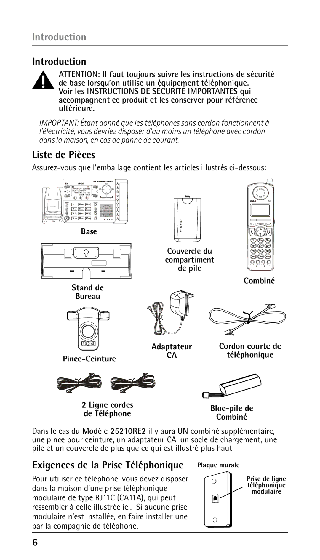 RCA 25210 manual Introduction, Liste de Pièces, Exigences de la Prise Téléphonique Plaque murale, Stand de Bureau Combiné 