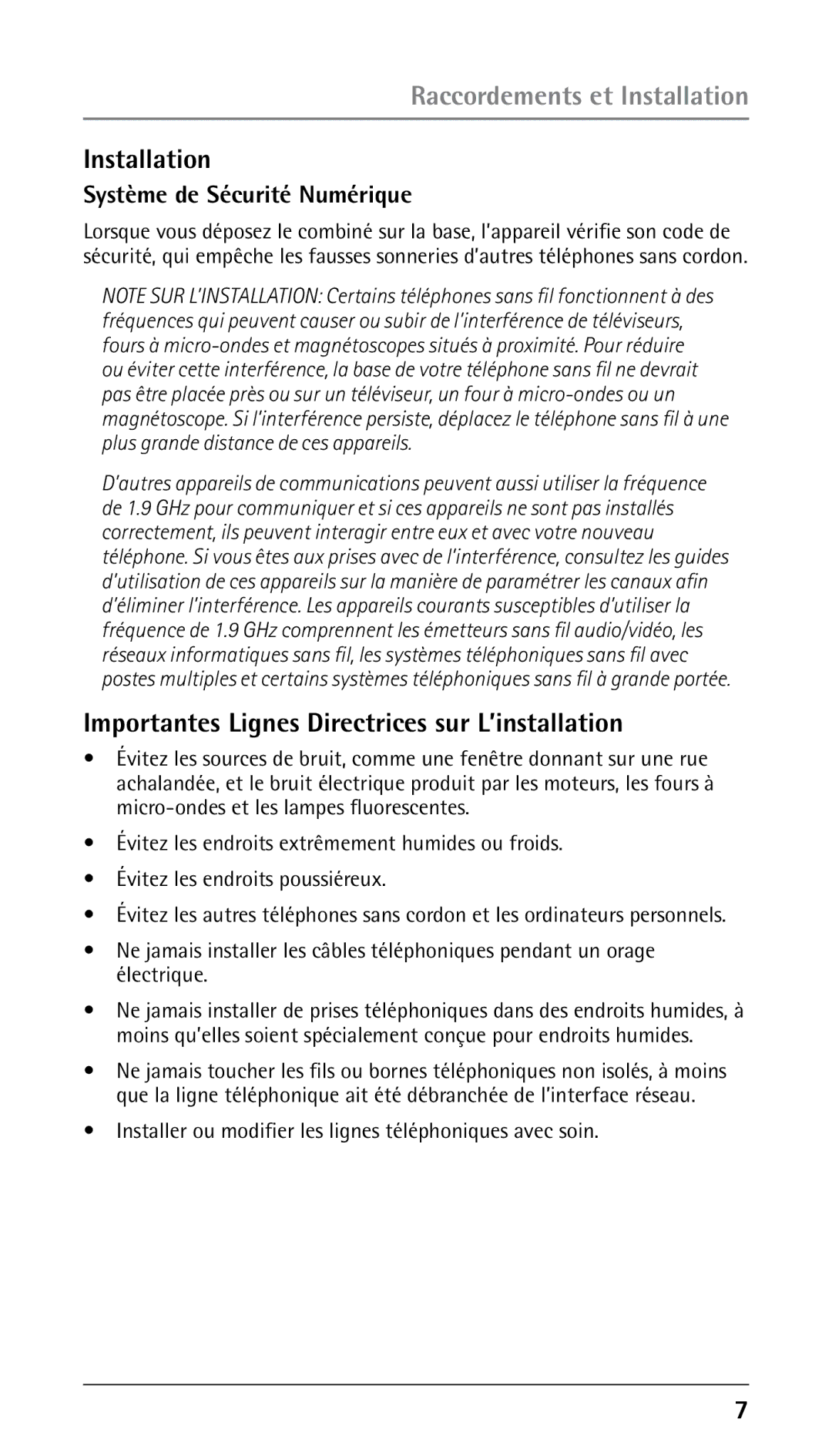 RCA 25210 Raccordements et Installation, Importantes Lignes Directrices sur L’installation, Système de Sécurité Numérique 