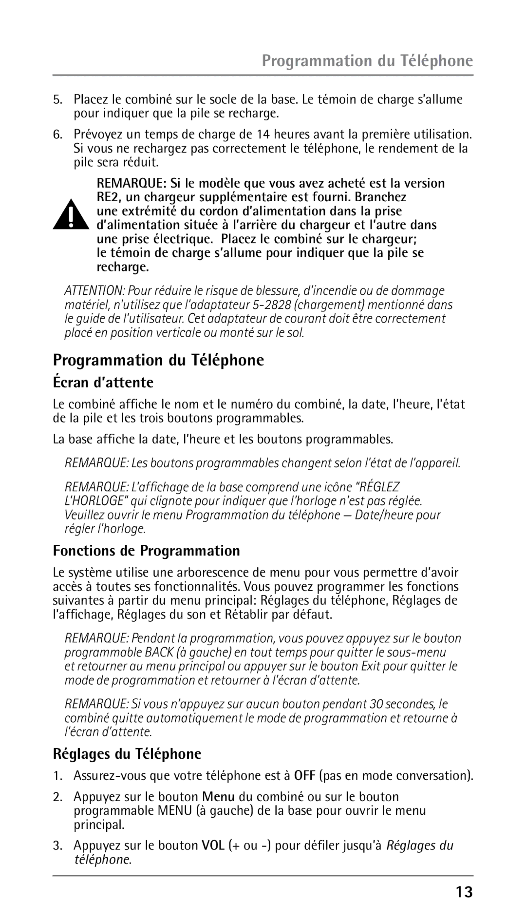 RCA 25210 manual Programmation du Téléphone, Écran d’attente, Fonctions de Programmation, Réglages du Téléphone 