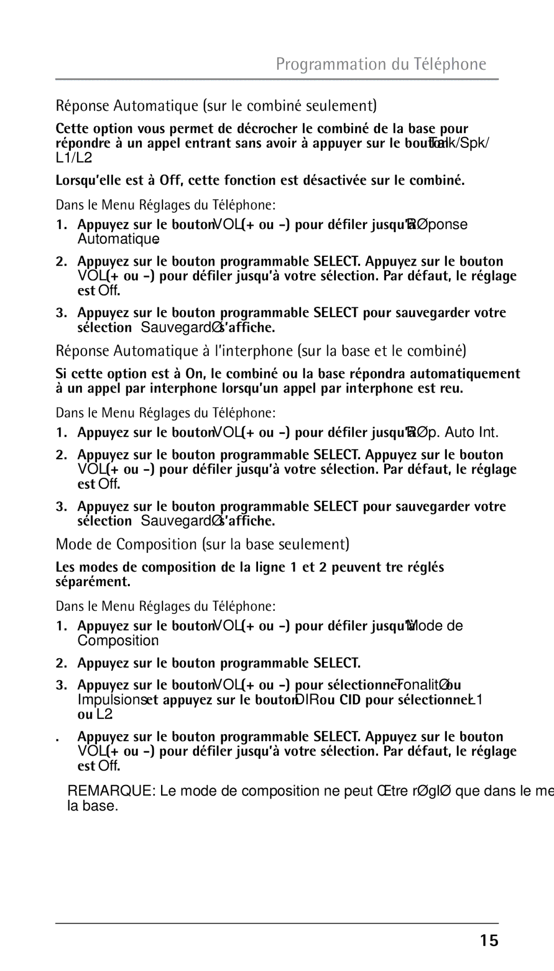 RCA 25210 manual Réponse Automatique sur le combiné seulement, Mode de Composition sur la base seulement 