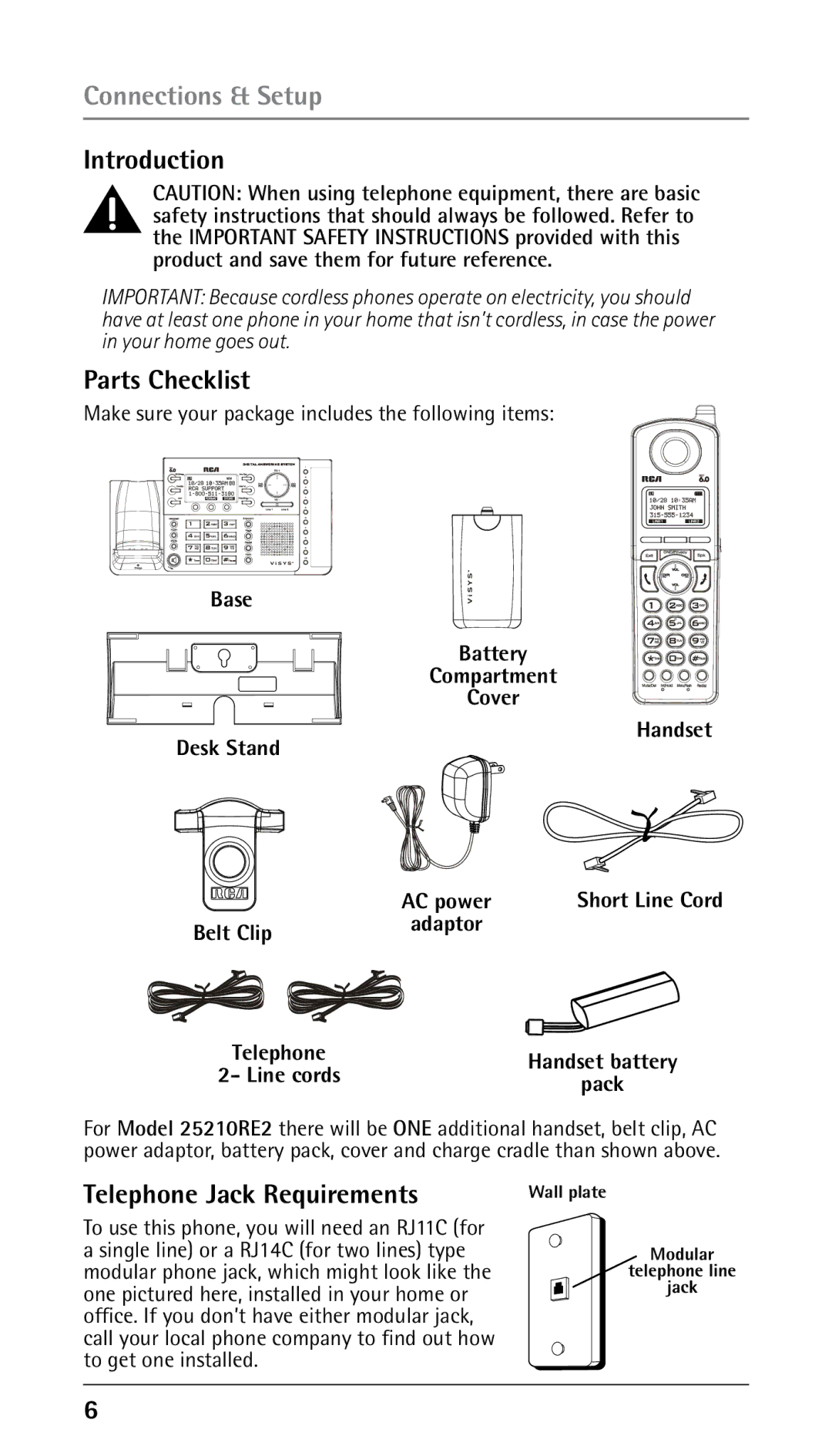 RCA 25210 manual Connections & Setup, Introduction, Parts Checklist, Telephone Jack Requirements 